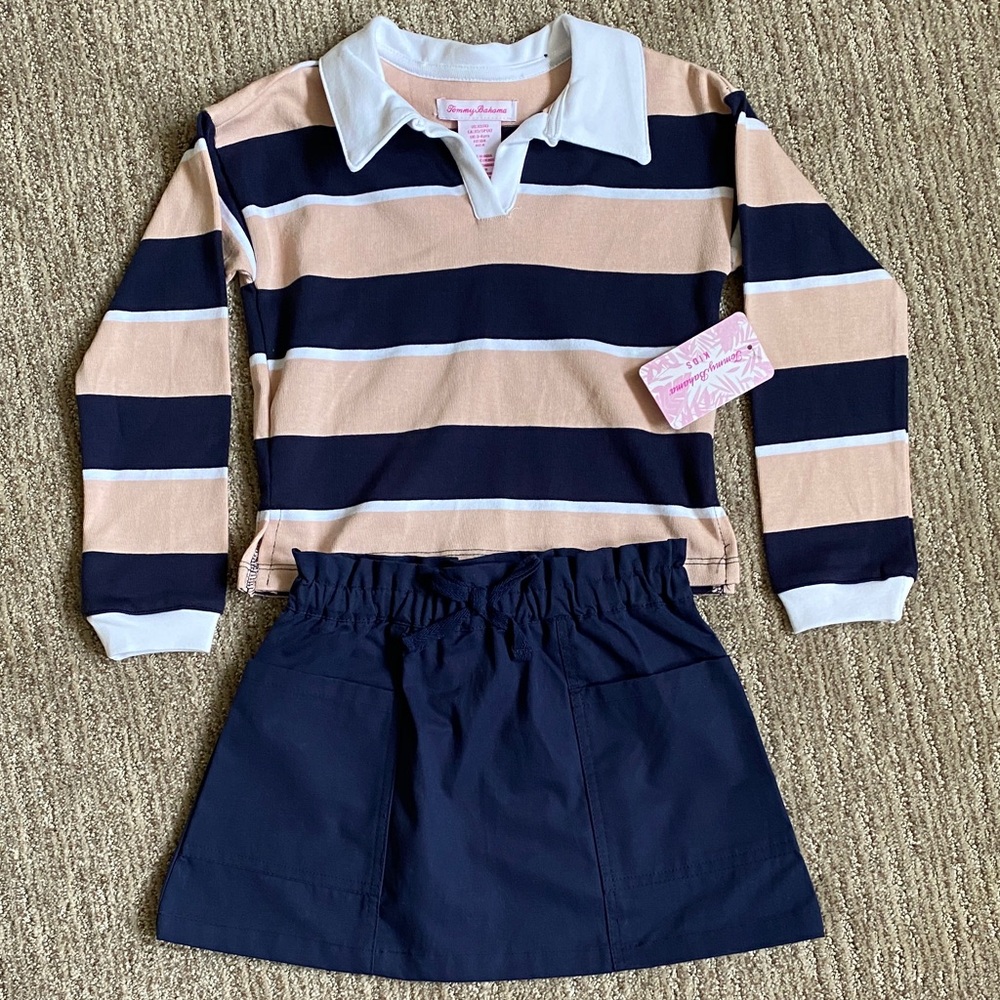 Tommy Bahama Pink and Navy Striped Polo Long Sleeve and Skirt Set